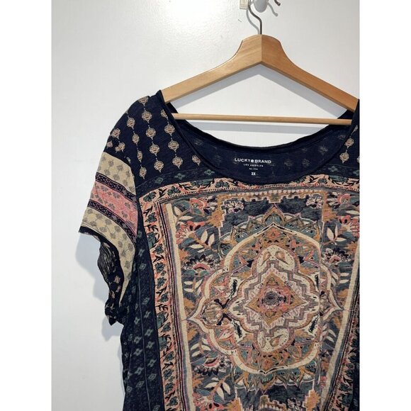 Lucky Brand Womens Boho Floral Printed Short Sleeve Top 3X Navy Multicolor Cotto - Picture 2 of 8